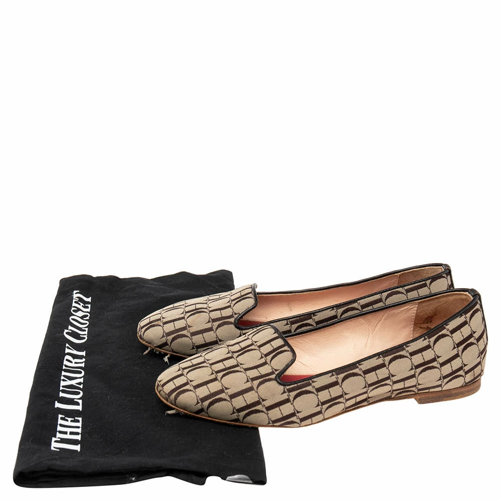 Carolina Herrera Brown/Beige Signature Canvas Logo Smoking Slippers Size 36 Women