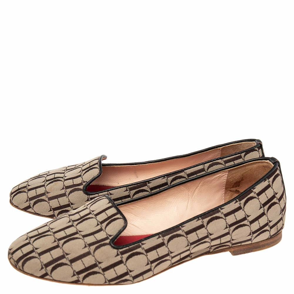 Carolina Herrera Brown/Beige Signature Canvas Logo Smoking Slippers Size 36 Women