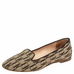 Carolina Herrera Brown/Beige Signature Canvas Logo Smoking Slippers Size 36 Women