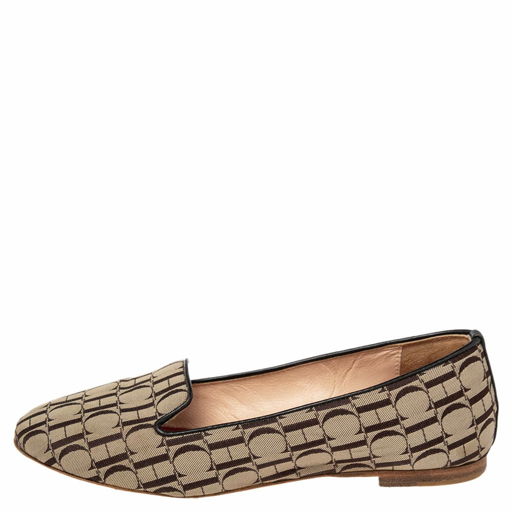 Carolina Herrera Brown/Beige Signature Canvas Logo Smoking Slippers Size 36 Women