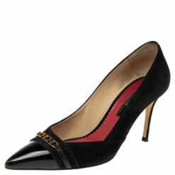 Carolina Herrera Black Suede And Patent Leather Cap Pointed Toe Pumps Size 40 Women