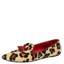 Carolina Herrera Beige/Brown Leopard Print Pony Hair Smoking Flats Size 40 Women