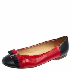 Carolina Herrera Blue/Red Leather Bow Ballet Flats Size 39 Women