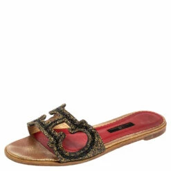 Carolina Herrera Multicolor Crystal Embellished CH Insignia Cutout Slide Flats Size 39 Women - Metallic