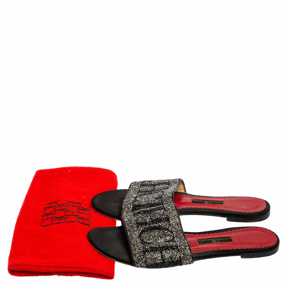 Carolina Herrera Black Leather Crystal Embellished Slides Sandals Size 38 Women