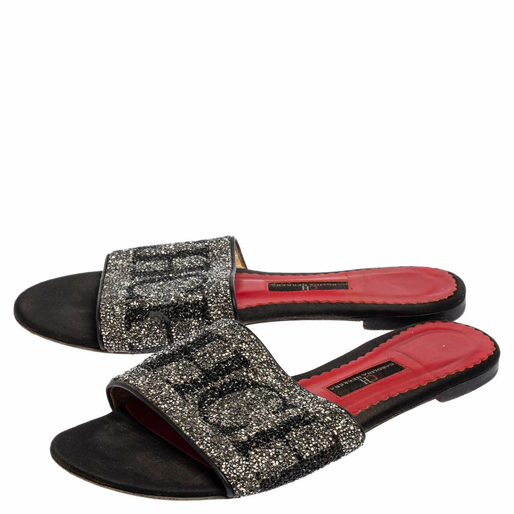 Carolina Herrera Black Leather Crystal Embellished Slides Sandals Size 38 Women
