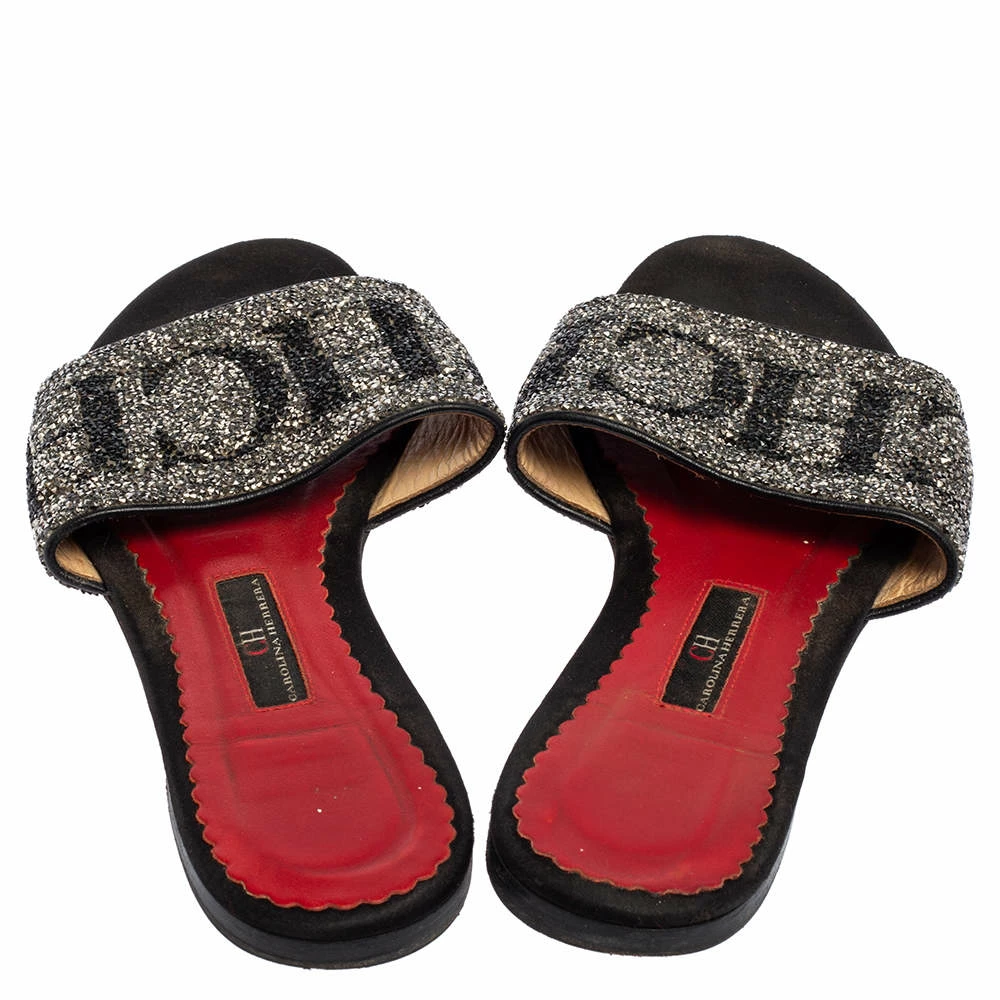 Carolina Herrera Black Leather Crystal Embellished Slides Sandals Size 38 Women