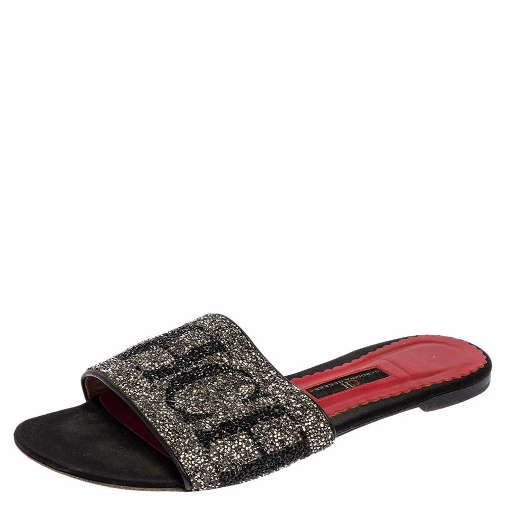 Carolina Herrera Black Leather Crystal Embellished Slides Sandals Size 38 Women