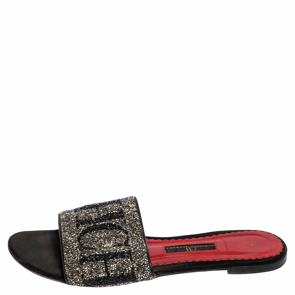 Carolina Herrera Black Leather Crystal Embellished Slides Sandals Size 38 Women
