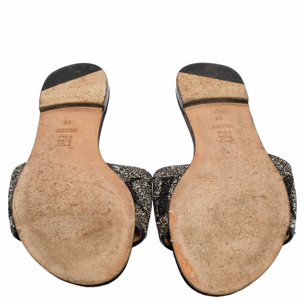 Carolina Herrera Black Leather Crystal Embellished Slides Sandals Size 38 Women