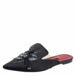 Carolina Herrera Black Satin Embellished Mule Sandals Size 38 Women
