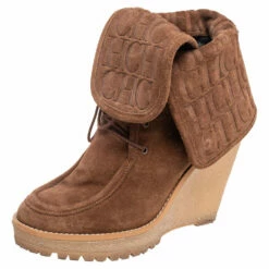 Carolina Herrera Brown Suede Platform Wedge Mid Calf Lace Up Boots Size 37 Women