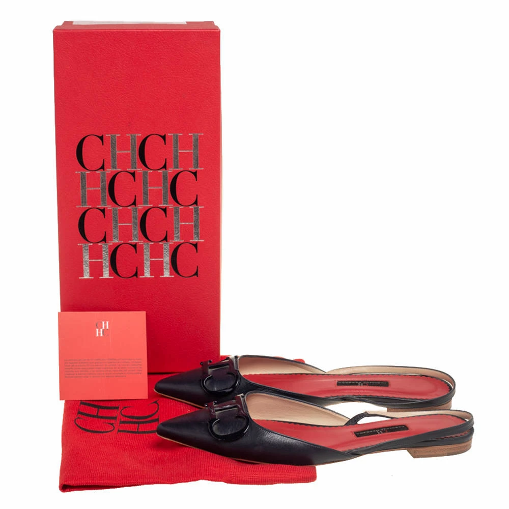 Carolina Herrera Dark Blue Leather Logo Flat Slingback Flat Size 38 Women