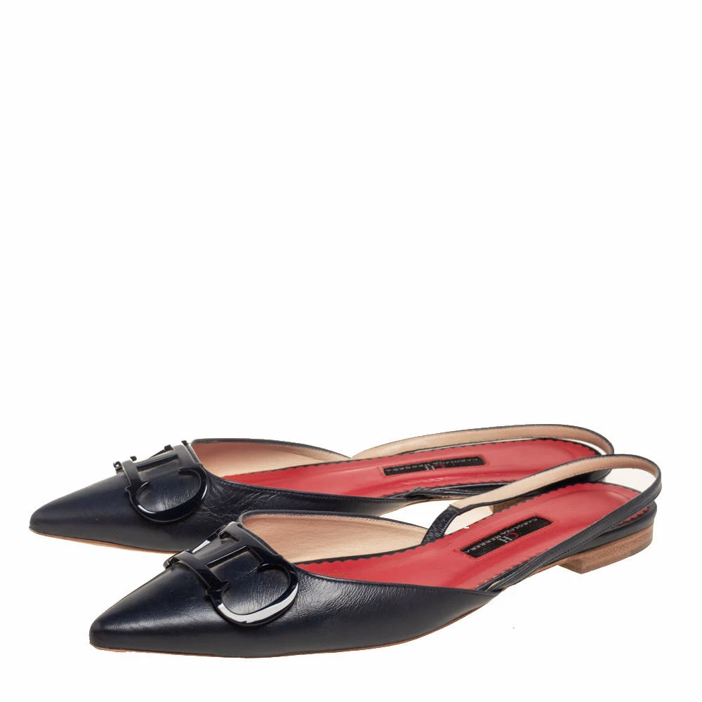 Carolina Herrera Dark Blue Leather Logo Flat Slingback Flat Size 38 Women