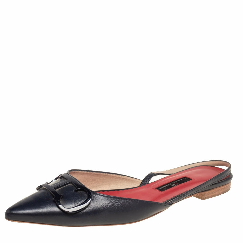 Carolina Herrera Dark Blue Leather Logo Flat Slingback Flat Size 38 Women