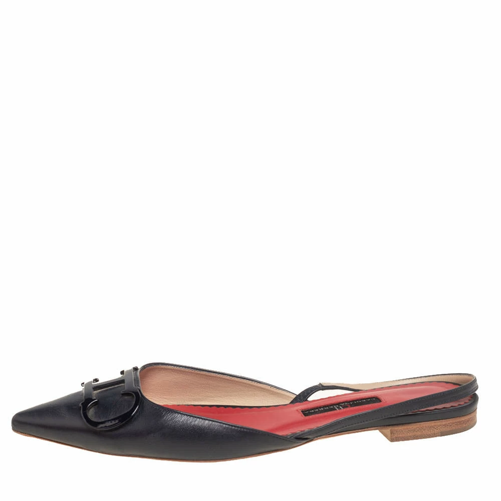 Carolina Herrera Dark Blue Leather Logo Flat Slingback Flat Size 38 Women