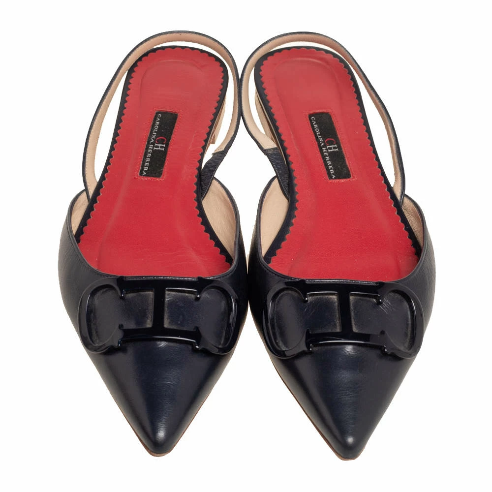 Carolina Herrera Dark Blue Leather Logo Flat Slingback Flat Size 38 Women