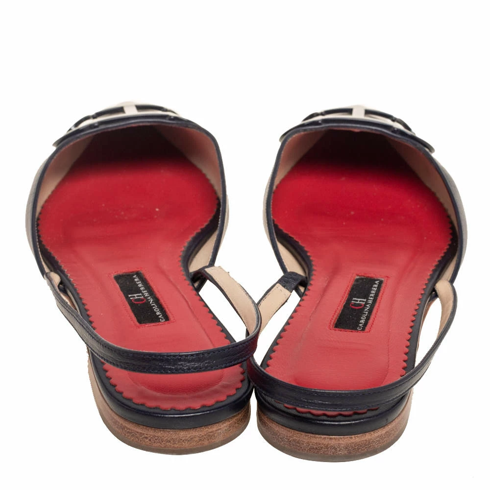 Carolina Herrera Dark Blue Leather Logo Flat Slingback Flat Size 38 Women