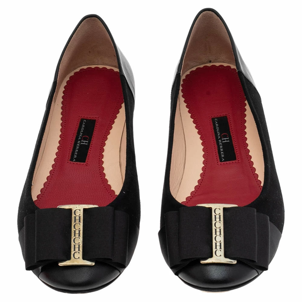 Carolina Herrera Black Suede And Leather Bow Ballet Flats Size 37 Women
