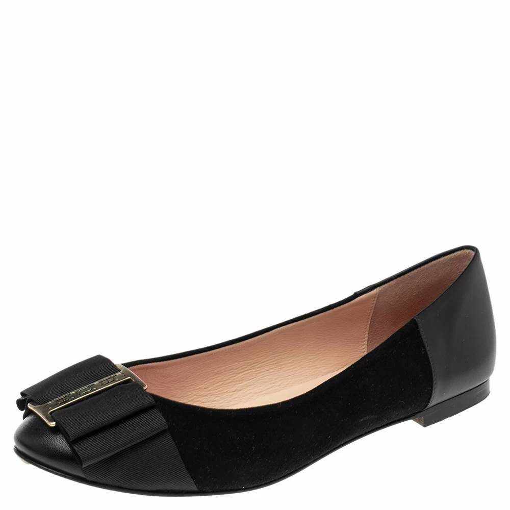 Carolina Herrera Black Suede And Leather Bow Ballet Flats Size 37 Women
