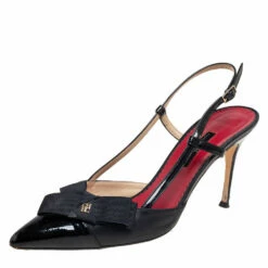 Carolina Herrera Black Leather Bow Detail Pointed-Toe Slingback Sandals Size 40 Women