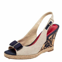 Carolina Herrera Beige Canvas Cork Wedge Platform Slingback Sandals Size 38 Women