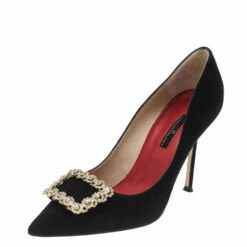 Carolina Herrera Black Suede Crystal Embellished Pointed Toe Pumps Size 39 Women