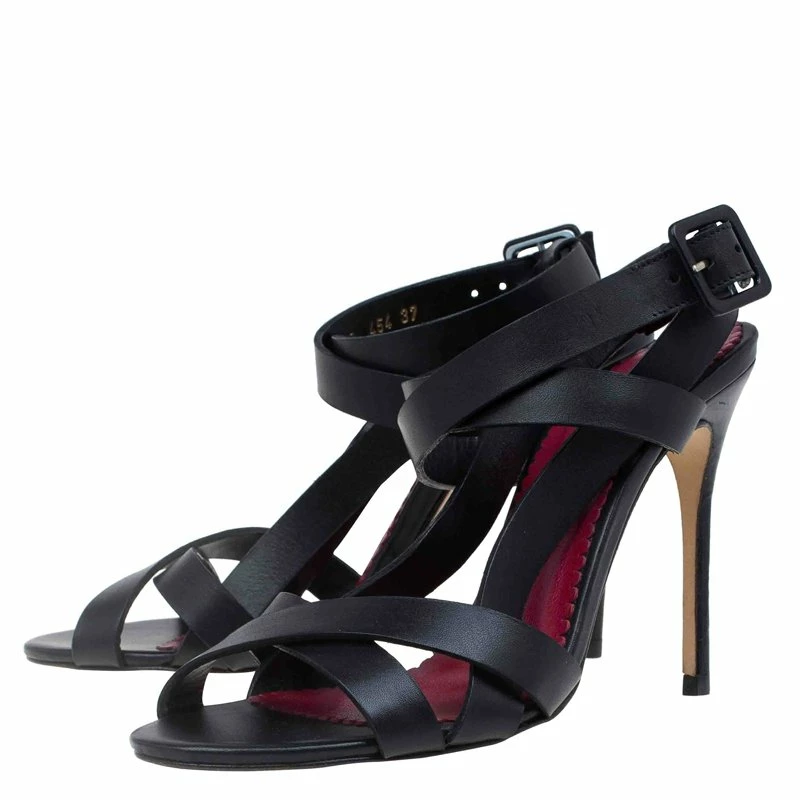 Carolina Herrera Black Leather Strappy Sandals Size 37 Women