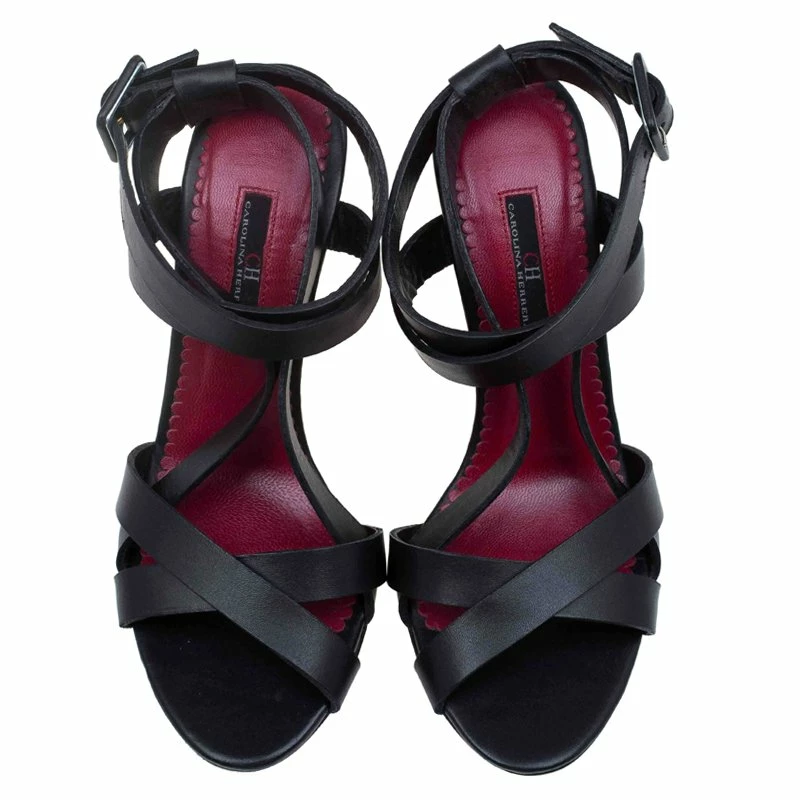 Carolina Herrera Black Leather Strappy Sandals Size 37 Women