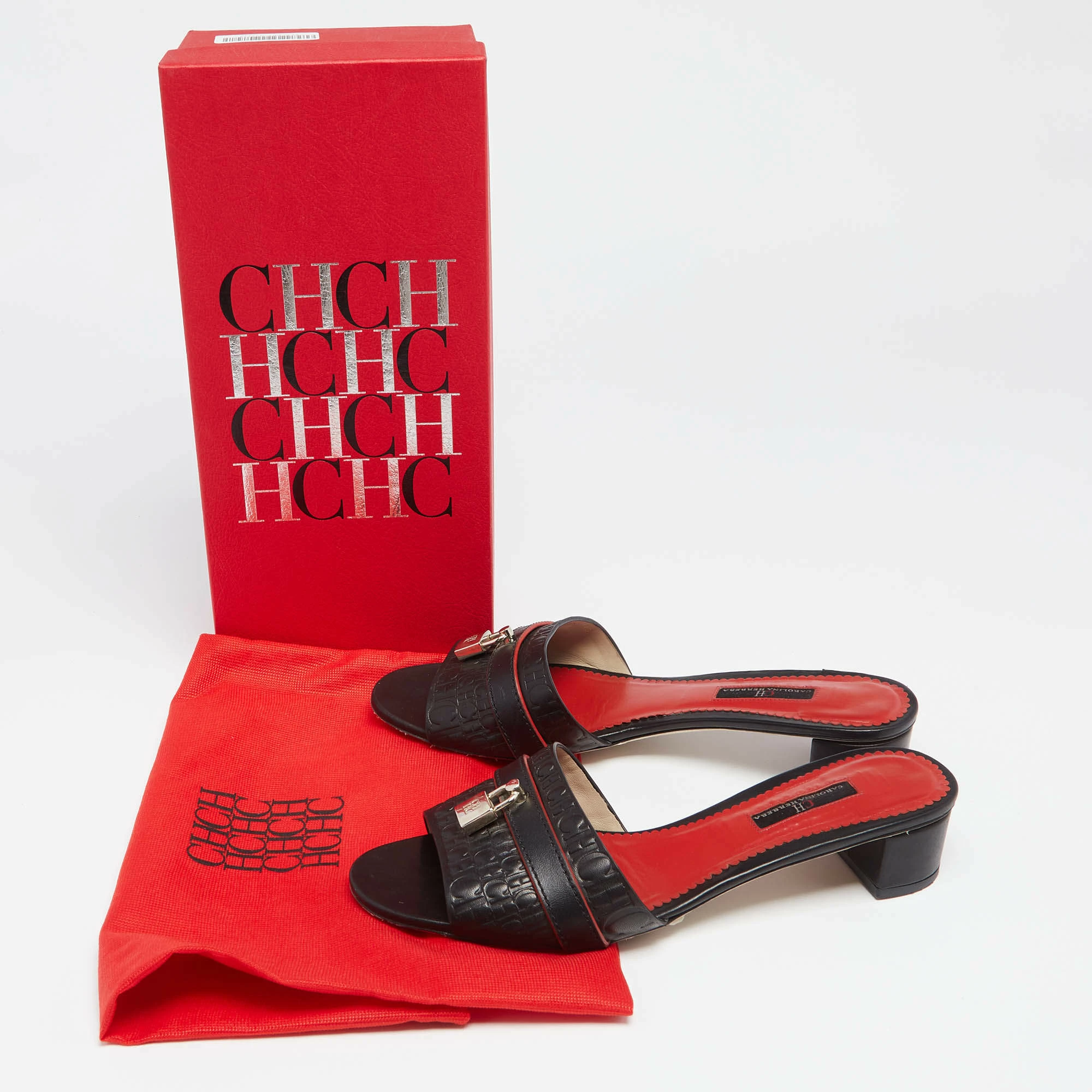 Carolina Herrera Black Monogram Leather Traveller Locked Slide Sandals Size 40 Women