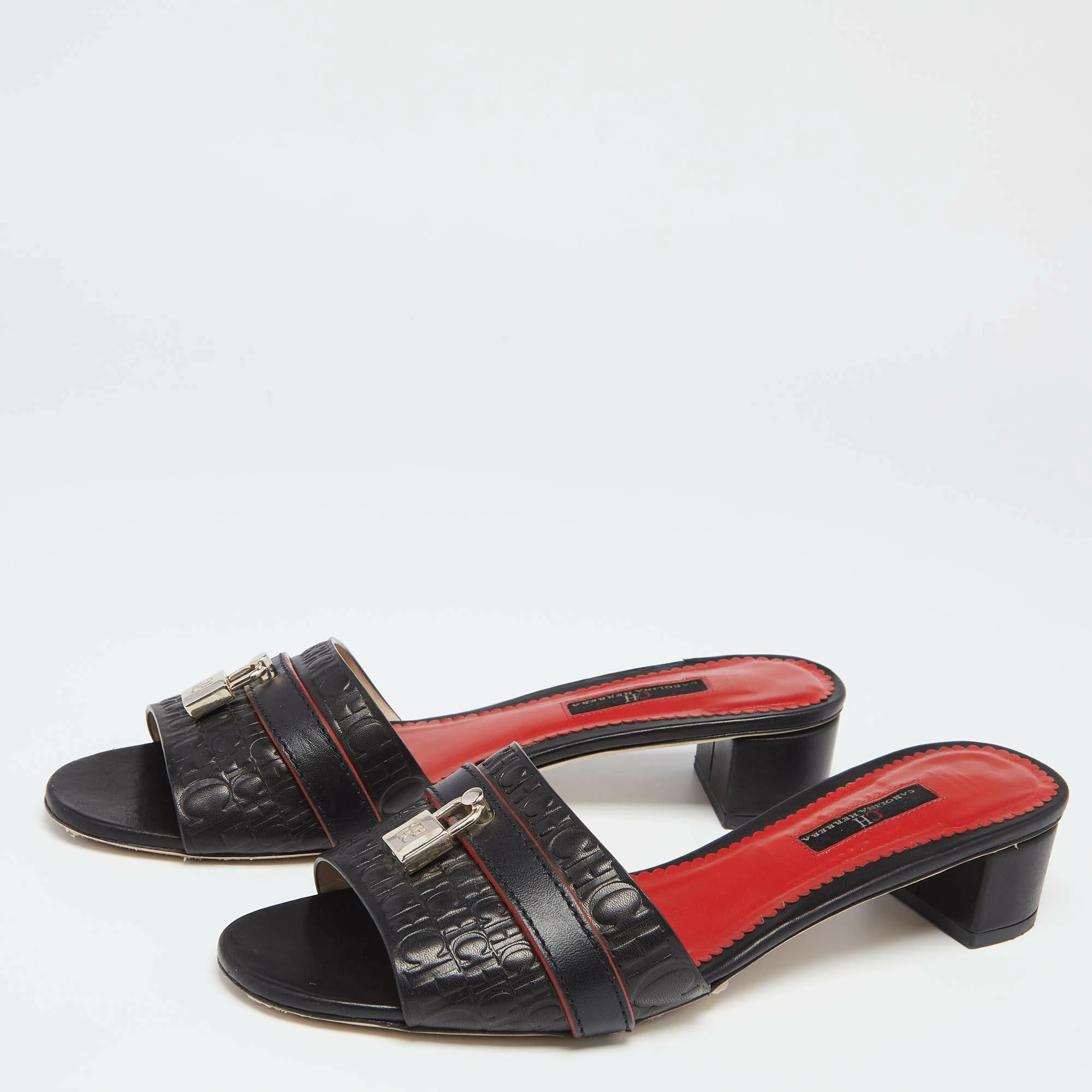 Carolina Herrera Black Monogram Leather Traveller Locked Slide Sandals Size 40 Women