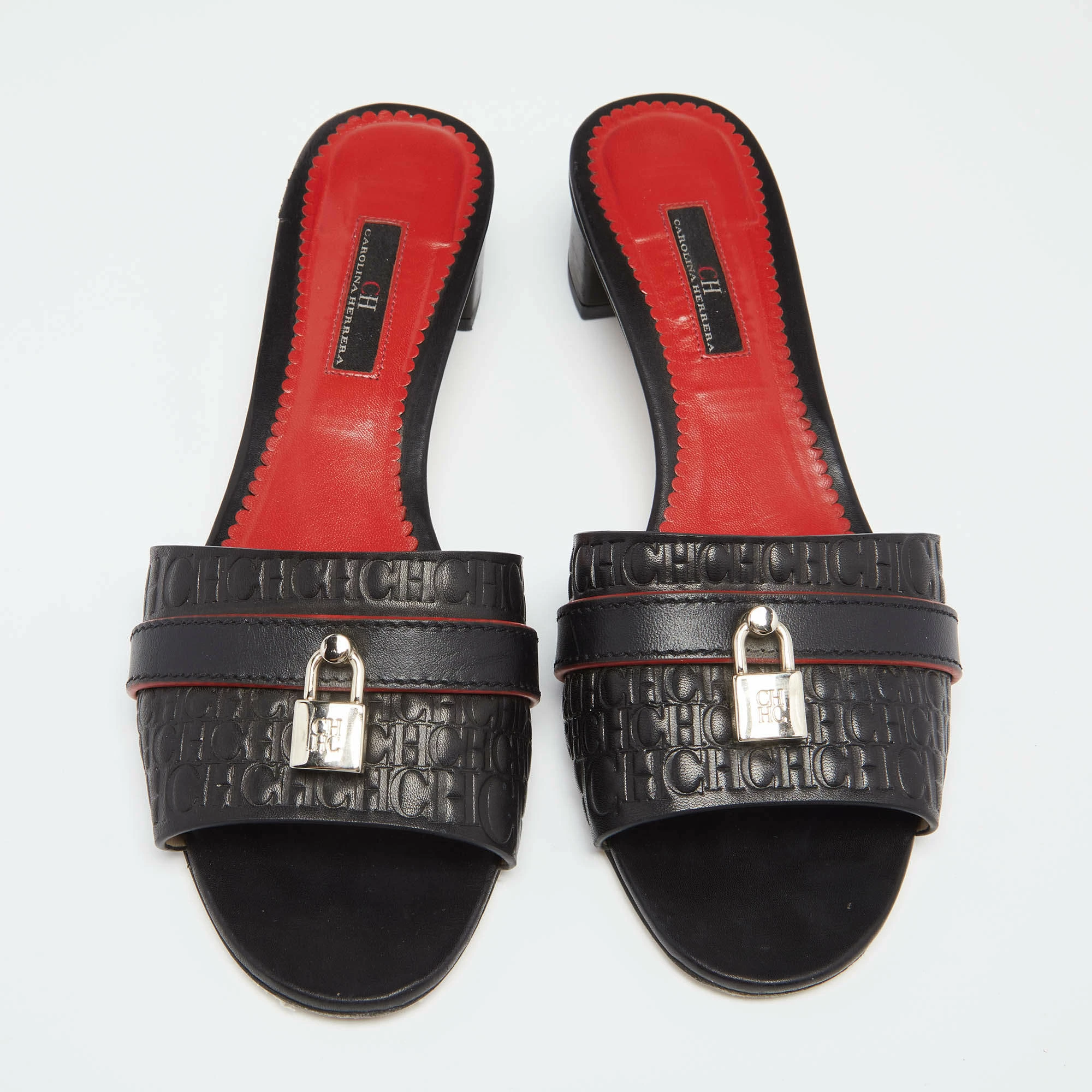 Carolina Herrera Black Monogram Leather Traveller Locked Slide Sandals Size 40 Women