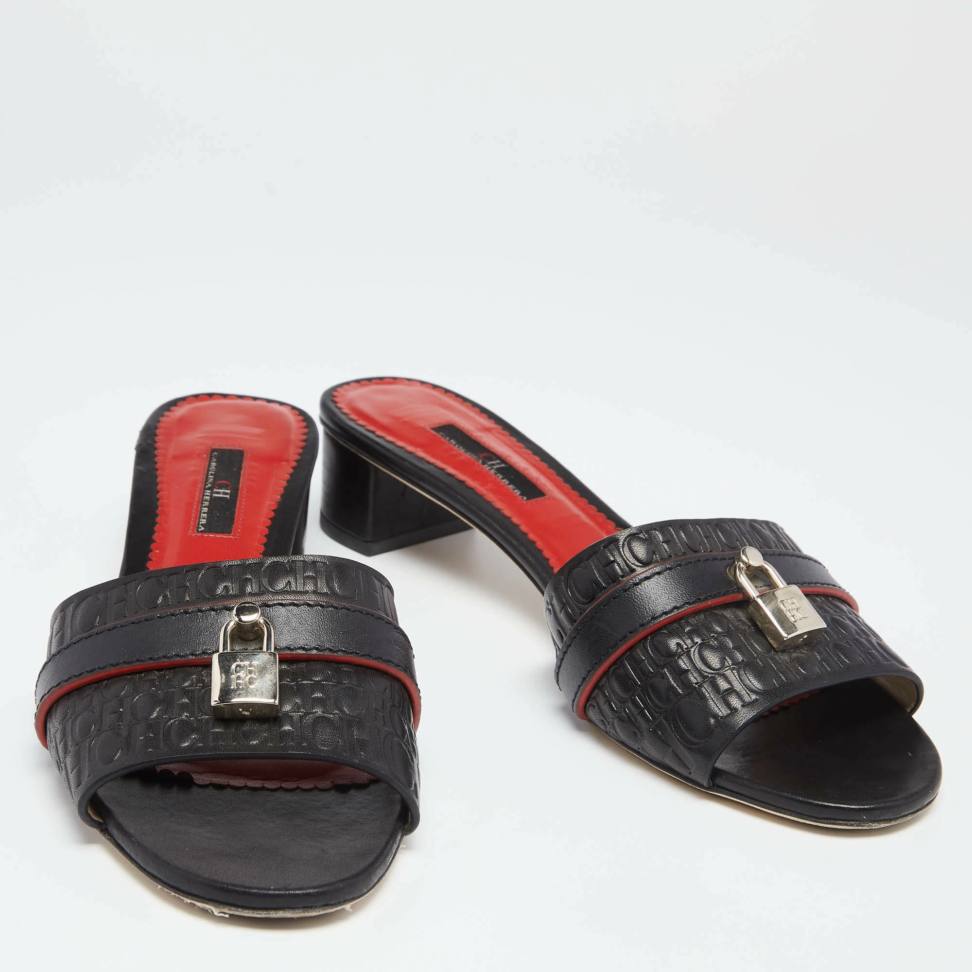 Carolina Herrera Black Monogram Leather Traveller Locked Slide Sandals Size 40 Women