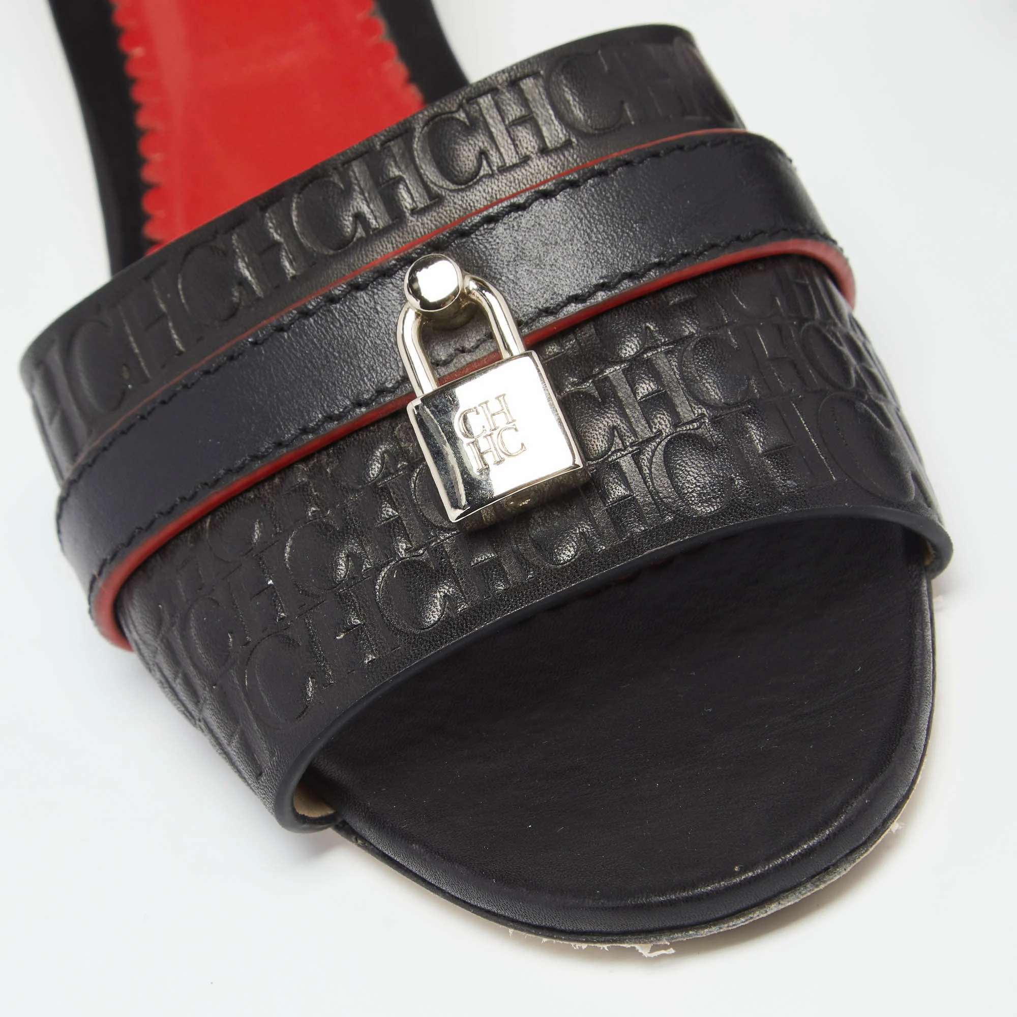 Carolina Herrera Black Monogram Leather Traveller Locked Slide Sandals Size 40 Women