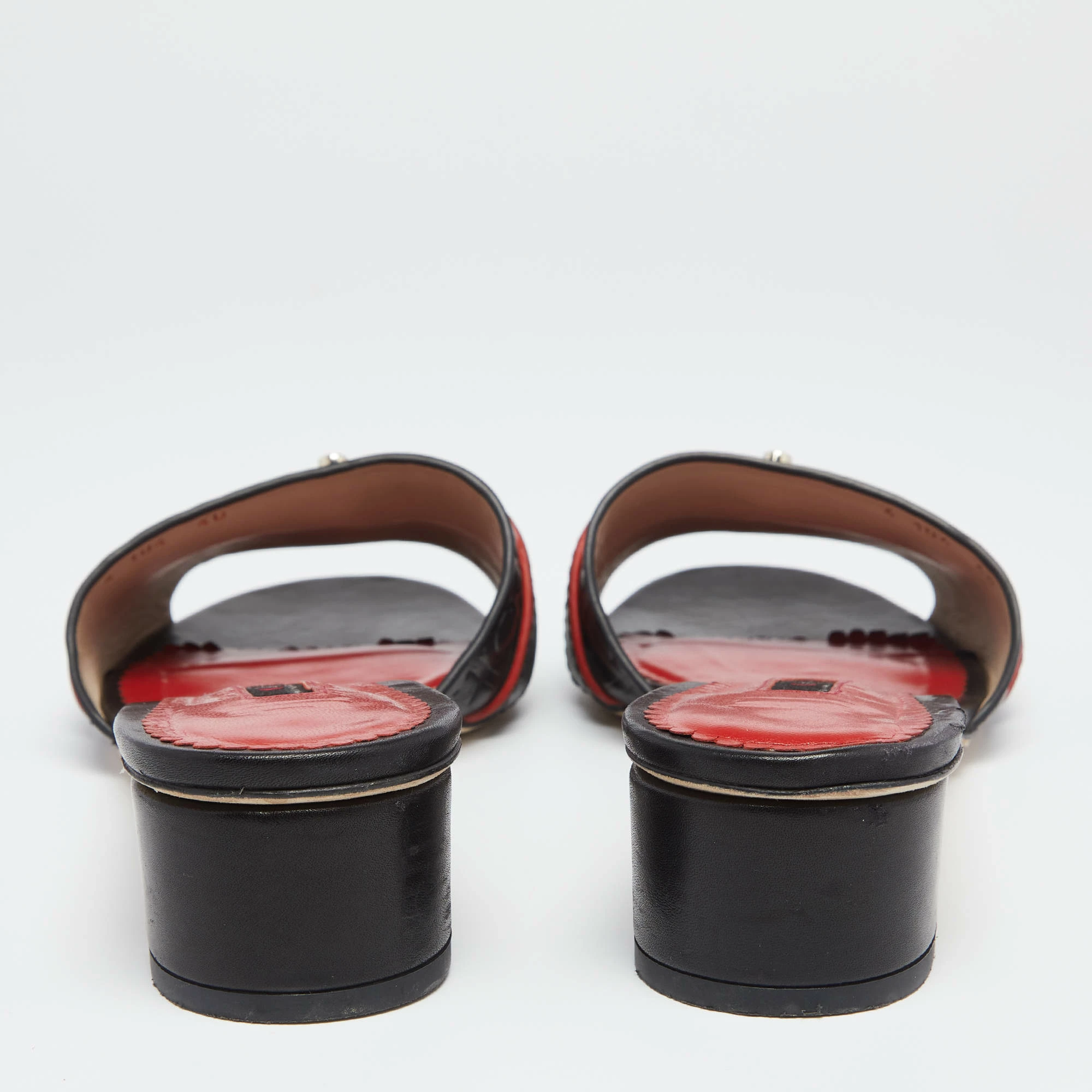 Carolina Herrera Black Monogram Leather Traveller Locked Slide Sandals Size 40 Women