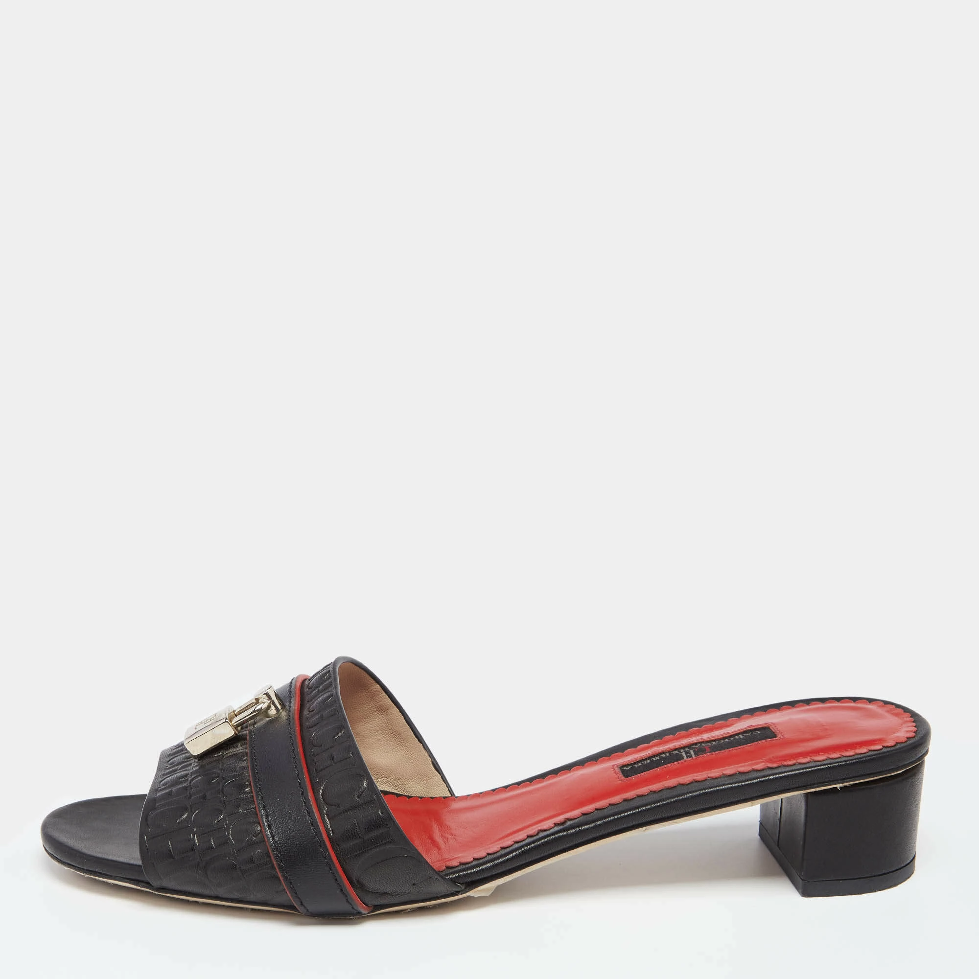 Carolina Herrera Black Monogram Leather Traveller Locked Slide Sandals Size 40 Women