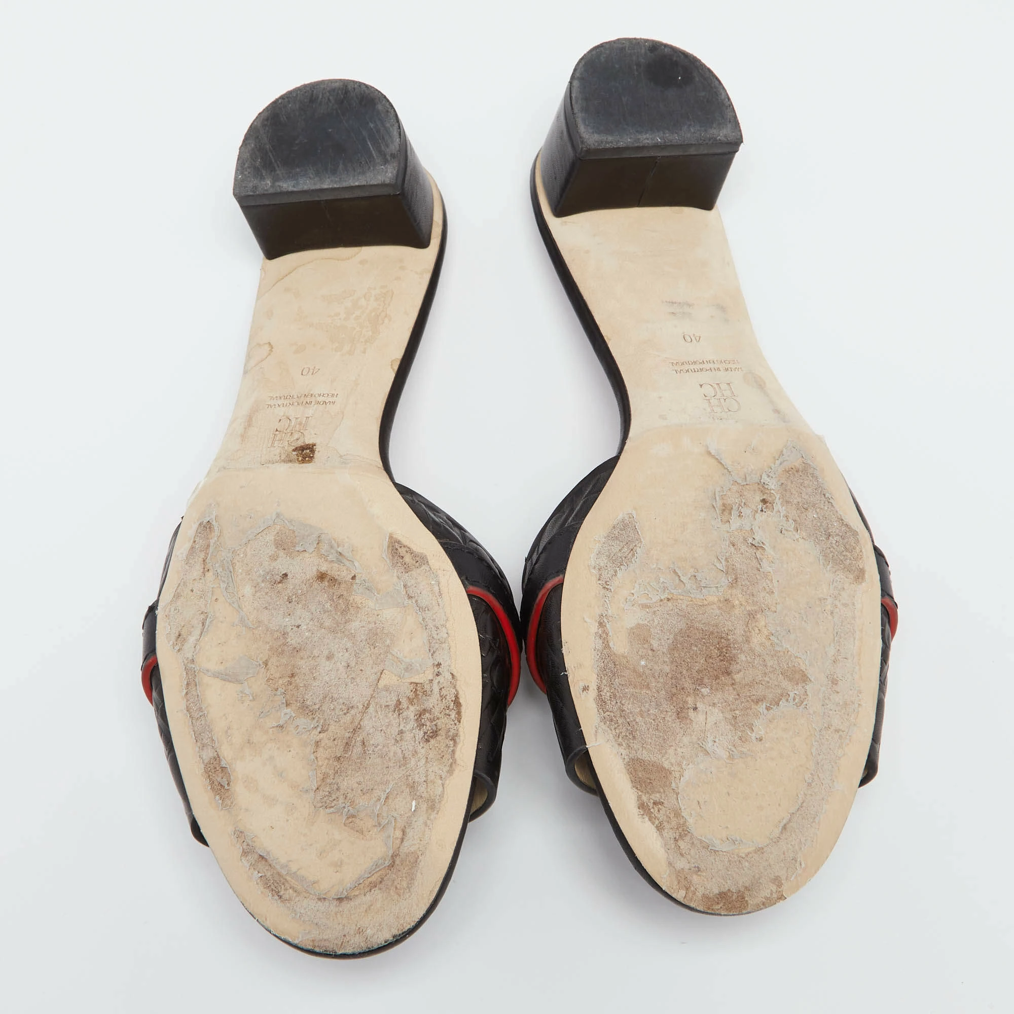 Carolina Herrera Black Monogram Leather Traveller Locked Slide Sandals Size 40 Women