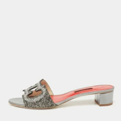 Carolina Herrera Silver Glitter Slides Sandals Size 41 Women
