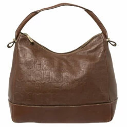 Carolina Herrera Brown Monogram Embossed Leather Hobo Women
