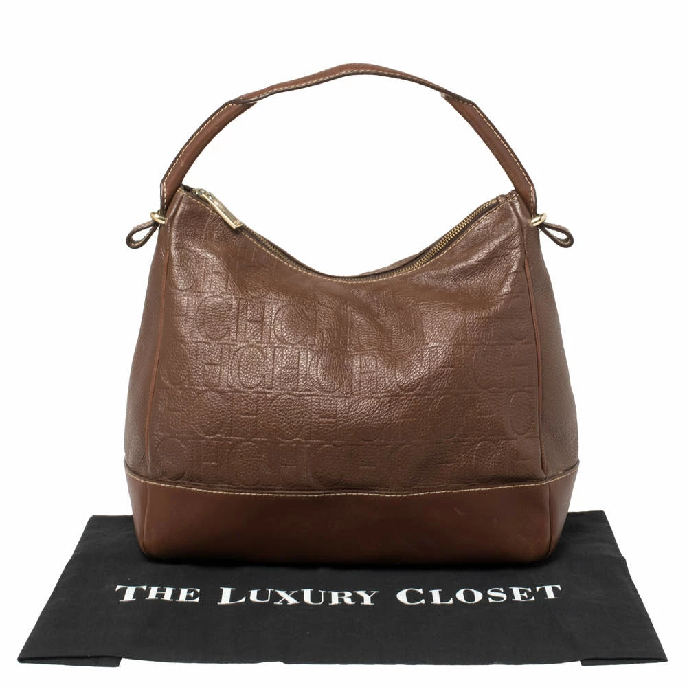Carolina Herrera Brown Monogram Embossed Leather Hobo Women