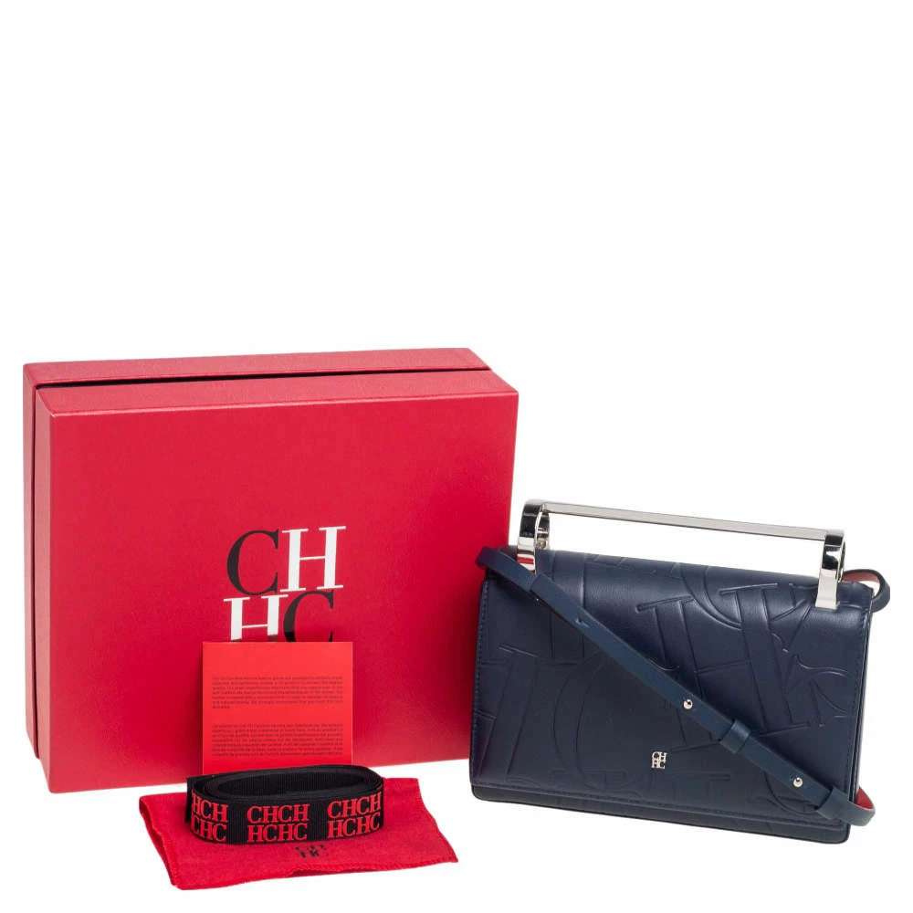 Carolina Herrera Navy Blue/Red Embossed Leather Insignia Flap Top Handle Bag Women