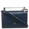 Carolina Herrera Navy Blue/Red Embossed Leather Insignia Flap Top Handle Bag Women
