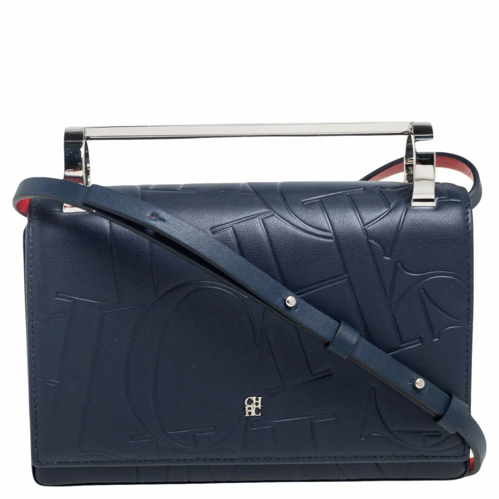 Carolina Herrera Navy Blue/Red Embossed Leather Insignia Flap Top Handle Bag Women