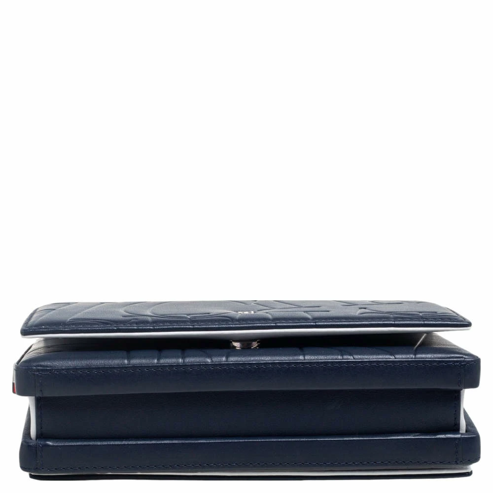 Carolina Herrera Navy Blue/Red Embossed Leather Insignia Flap Top Handle Bag Women