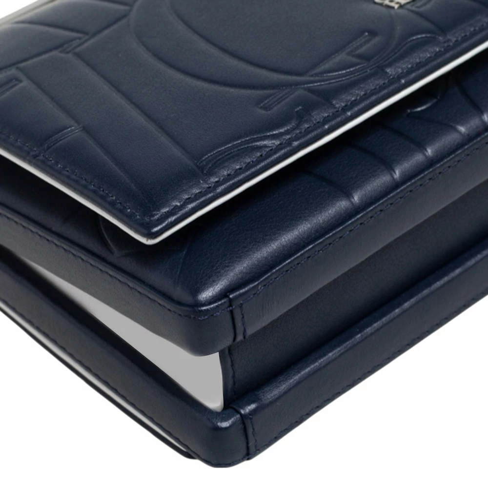 Carolina Herrera Navy Blue/Red Embossed Leather Insignia Flap Top Handle Bag Women