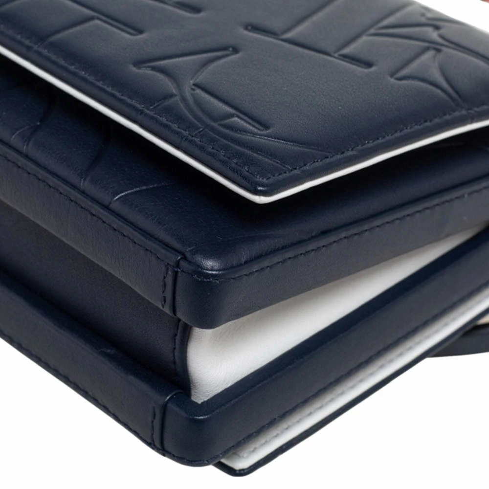 Carolina Herrera Navy Blue/Red Embossed Leather Insignia Flap Top Handle Bag Women