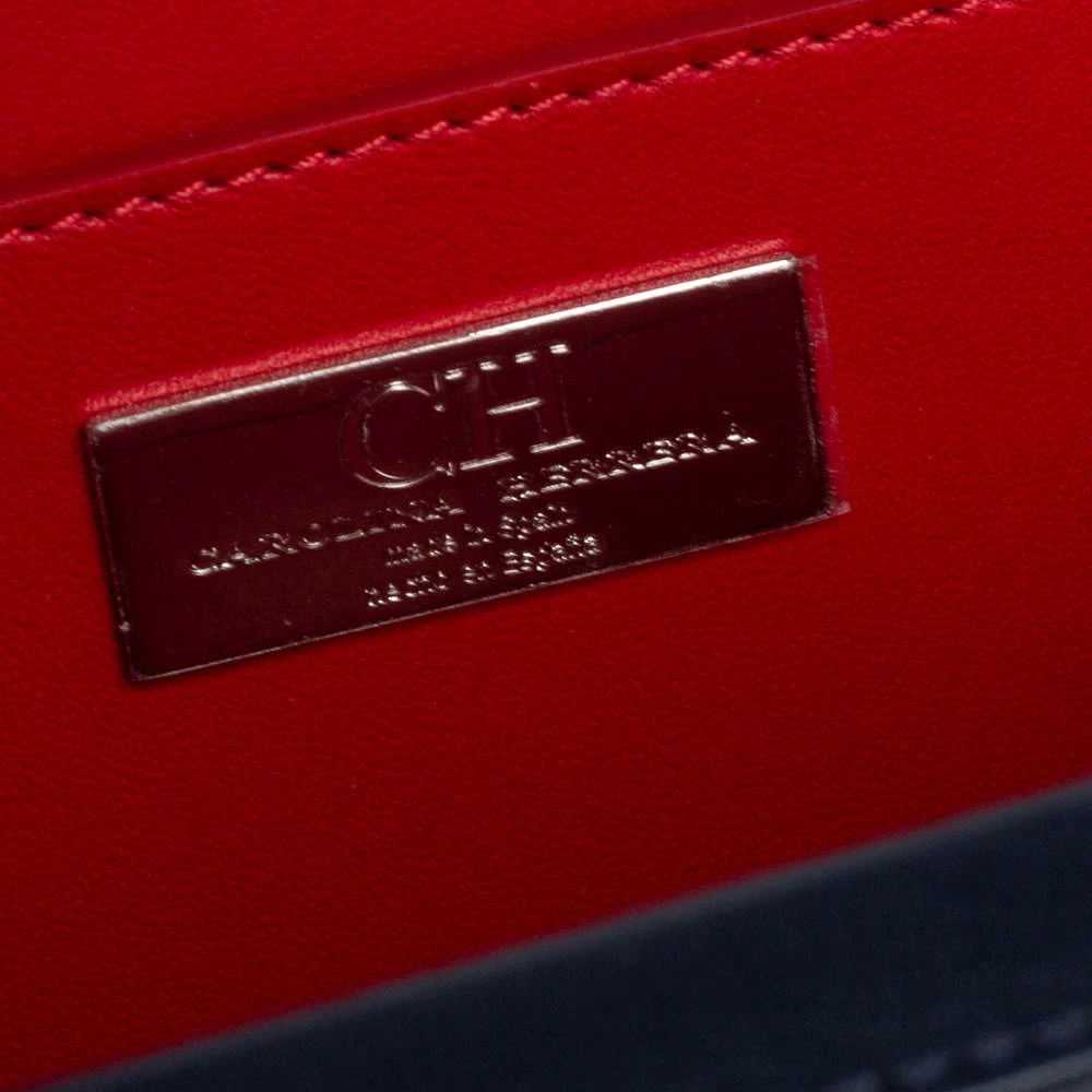 Carolina Herrera Navy Blue/Red Embossed Leather Insignia Flap Top Handle Bag Women