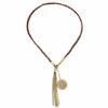 Carolina Herrera Gold Tone Braided Medallion Pendant Tassle Necklace Women - Red
