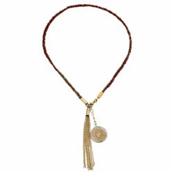 Carolina Herrera Gold Tone Braided Medallion Pendant Tassle Necklace Women - Red