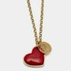 Carolina Herrera CH Logo Red Enamel Gold Tone Heart Pendant Necklace Women